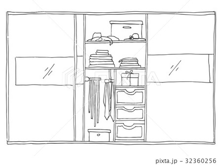 Open wardrobe with clothes on shelves and hangers. Open wardrobe with clothes on shelves and hangers. 32360256