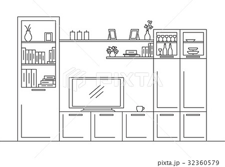 Bookcase, dresser with TV and shelves. Bookcase, dresser with TV and shelves. 32360579