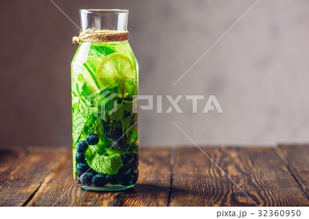Water Flavored with Lime, Mint and Blueberry. 32360950