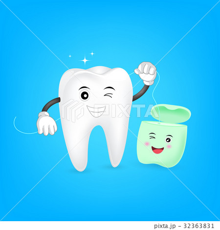 Cute cartoon tooth cleaning itself by dental flossのイラスト素材 [32363831 ...
