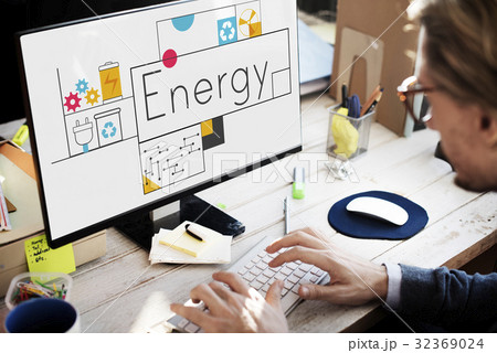 Man working on computer network graphic overlay 32369024