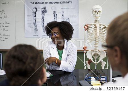 Biology teacher teaching biology to diverse group of high school students 32369167