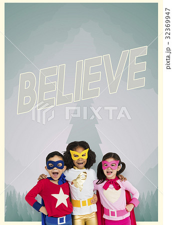 Group of superheroes kids with aspiration word graphic 32369947