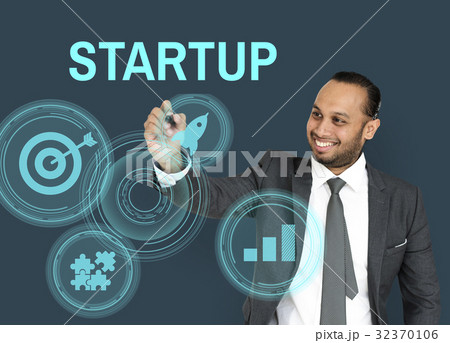 Man working on screen network graphic overlay 32370106