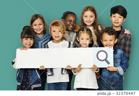 Group of children with searching sign Group of children with searching sign 32370497