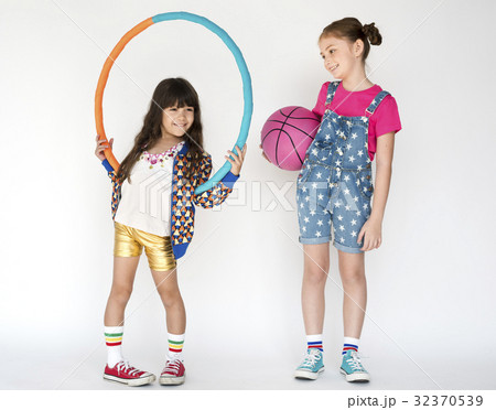 Children Girlfriends Smiling Happiness Friendship Togetherness Studio Portrait 32370539