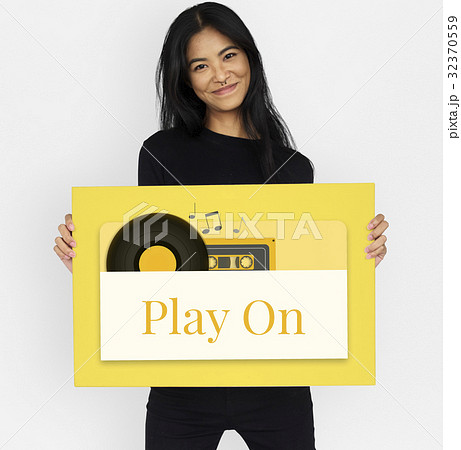Woman holding billboard network graphic overlay Woman holding billboard network graphic overlay 32370559