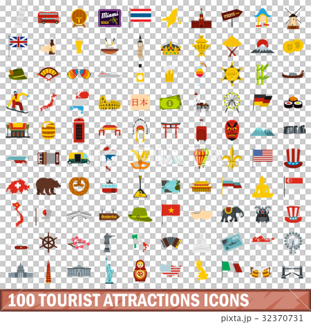100 tourist attractions icons set, flat style 32370731