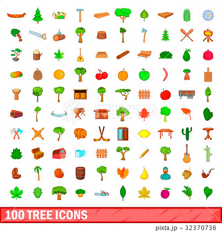 100 tree icons set, cartoon style 32370736