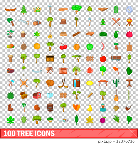 100 tree icons set, cartoon style 32370736