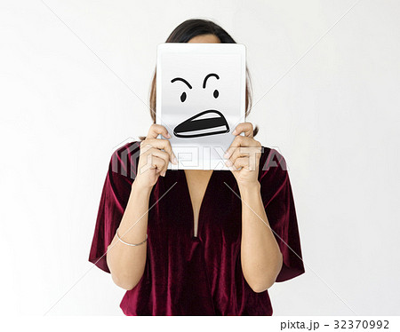 Illustration of aggressive madness face on banner 32370992