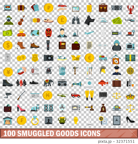 100 smuggled goods icons set, flat style 32371551