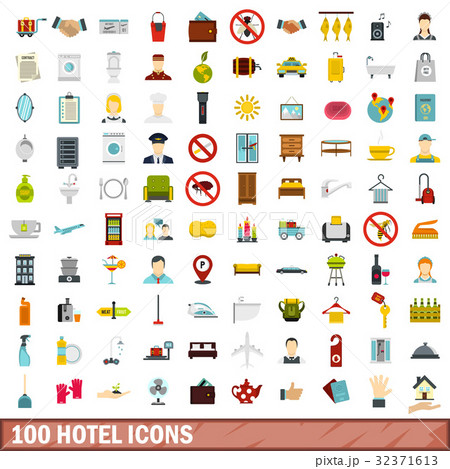 100 hotel icons set, flat style 32371613