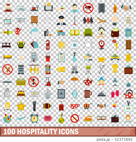 100 hospitality icons set, flat style 100 hospitality icons set, flat style 32371692