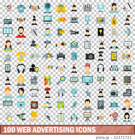 100 web advertising icons set, flat style 32371721