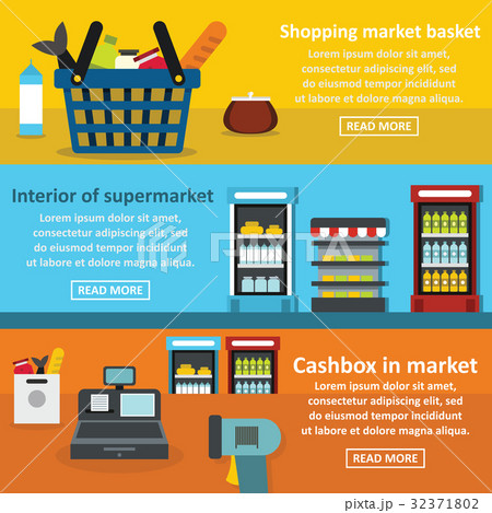 Supermarket banner horizontal set, flat style 32371802