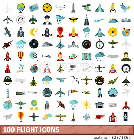 100 flight icons set, flat style 32371869
