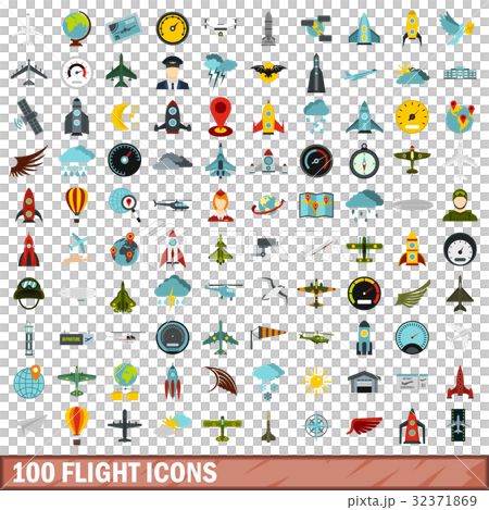100 flight icons set, flat style 32371869