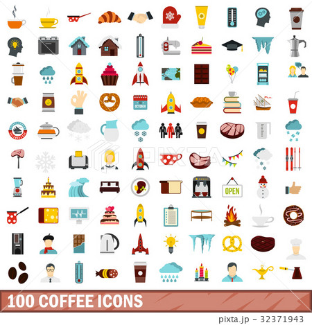 100 coffee icons set, flat style 32371943