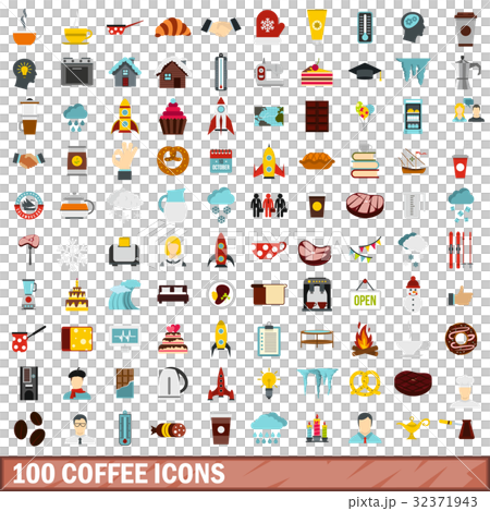 100 coffee icons set, flat style 32371943