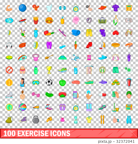 100 exercise icons set, cartoon style 100 exercise icons set, cartoon style 32372041