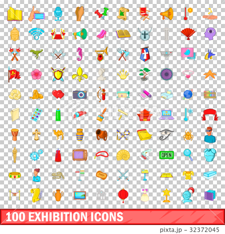 100 exhibition icons set, cartoon style 32372045