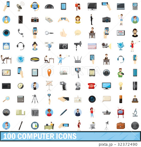 100 computer icons set, cartoon style 32372490