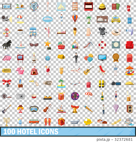 100 hotel icons set, cartoon style 32372681