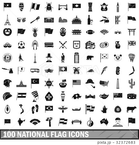 100 national flag icons set, simple style 32372683