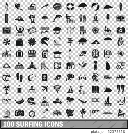 100 surfing icons set, simple style 32372858