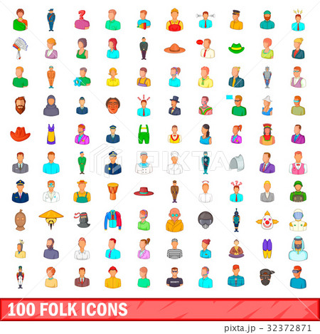 100 folk icons set, cartoon style 32372871