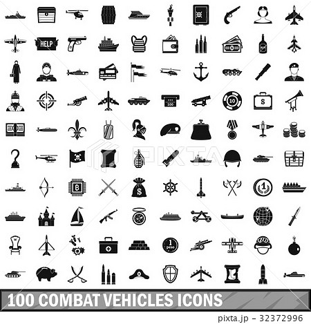 100 combat vehicles icons set, simple style 32372996