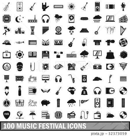 100 music festival icons set, simple style 32373059