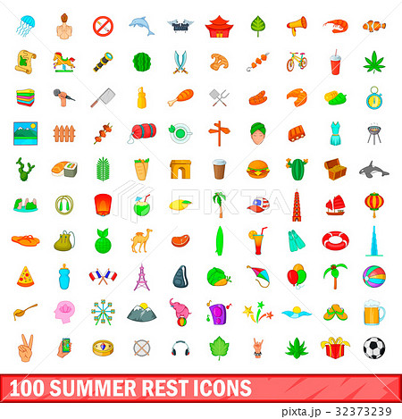 100 summer rest icons set, cartoon style 100 summer rest icons set, cartoon style 32373239