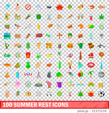 100 summer rest icons set, cartoon style 100 summer rest icons set, cartoon style 32373239