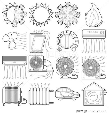 Heat cool air flow tools icons set, outline style Heat cool air flow tools icons set, outline style 32373292