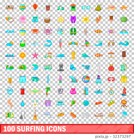 100 surfing icons set, cartoon style 100 surfing icons set, cartoon style 32373297