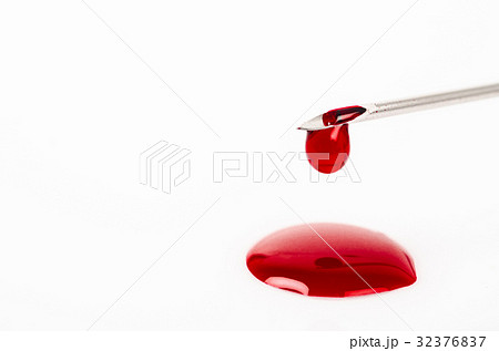 Macro view of drop of blood from needle syringe. 32376837