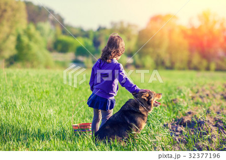 Happy little girl playing with dog on the field 32377196