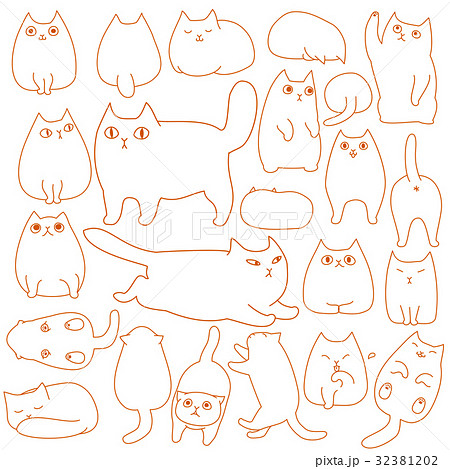かわいい猫のいろいろなポーズセット 線画のイラスト素材