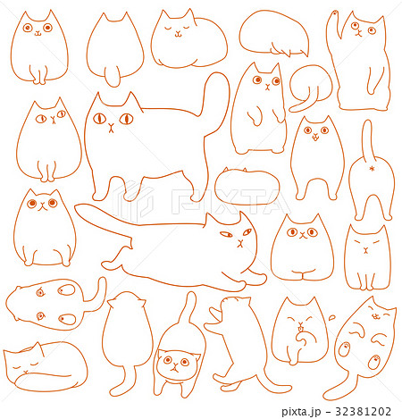 かわいい猫のいろいろなポーズセット 線画のイラスト素材 32381202