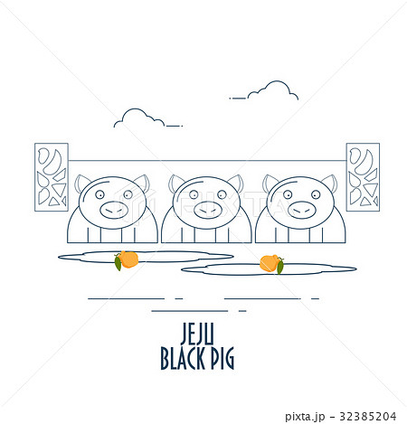 Cartoon Line art illustration of three Jeju Black pigs.  32385204