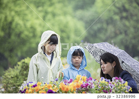 雨合羽を着て花を見る小学生の写真素材