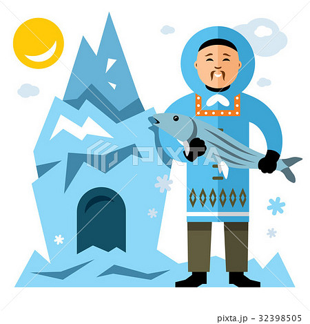 Vector Smiling Eskimo with fish.  32398505