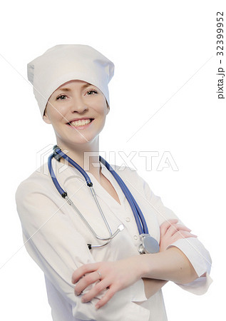 Medical doctor portrait in white coat and cap 32399952