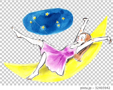 月に寝そべってアクビする女性 32403942