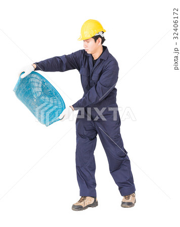 Young worker hold Hod or clam-shell shaped basket Young worker hold Hod or clam-shell shaped basket 32406172