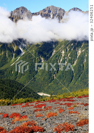 秋色の蝶ヶ岳稜線から見る雲湧く穂高連峰 秋色の蝶ヶ岳稜線から見る雲湧く穂高連峰 32406251