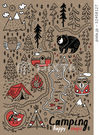 Hand drawn vector maps. Print for camping and 32408127