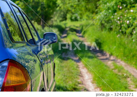 Blue car in forest 32423271